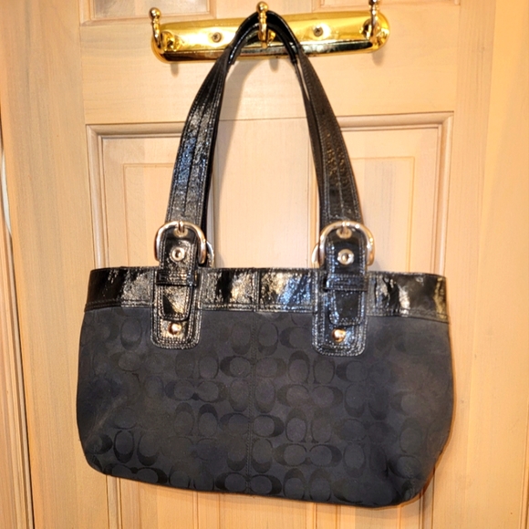 Coach Purse Tote Black Signature C Tote bag leather handles and trim - Picture 1 of 16